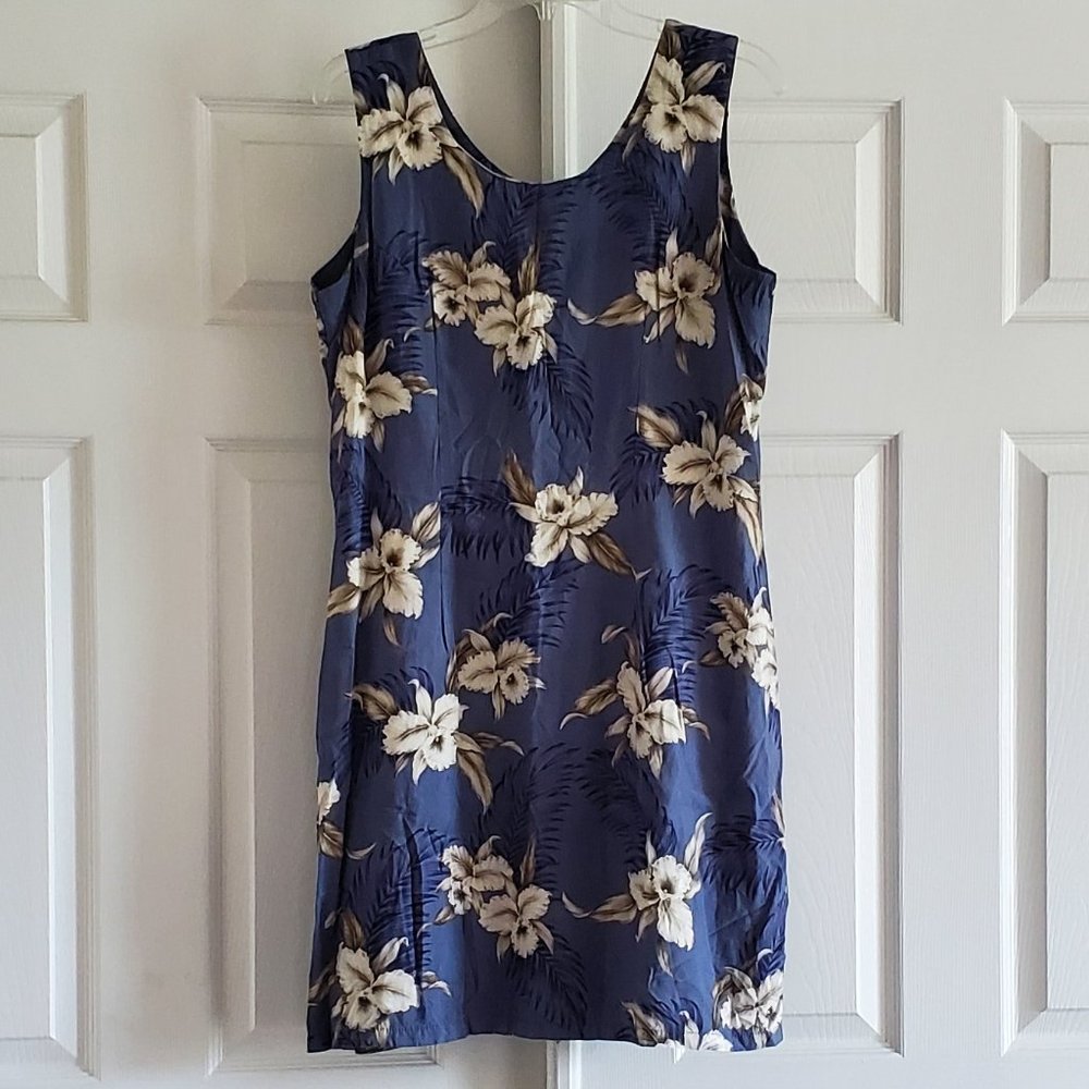 Blue Floral Print Hawaiian Sleeveless Sheath Dress